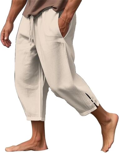 crazynekos Men's Linen Pants Summer Drawstring Cropped Pants Beach Pants in Saudi Arabia
