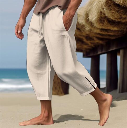 crazynekos Men's Linen Pants Summer Drawstring Cropped Pants Beach Pants in Saudi Arabia