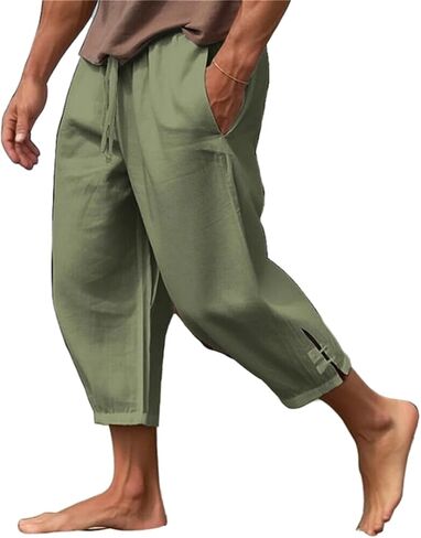 crazynekos Men's Linen Pants Summer Drawstring Cropped Pants Beach Pants in Saudi Arabia