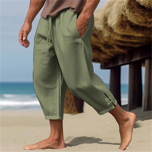 crazynekos Men's Linen Pants Summer Drawstring Cropped Pants Beach Pants in Saudi Arabia