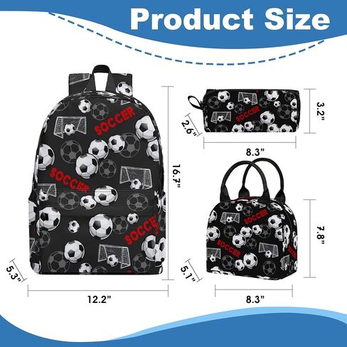 3PCS Backpack for Boys Girls Kids Soccer School Backpack Sets with Lunch Bag Pencil Case, 17 Inch Lightweight Bookpack 3 in 1 Set for Teens Elementary Middle HighSchool Students (Black Soccer) in Saudi Arabia