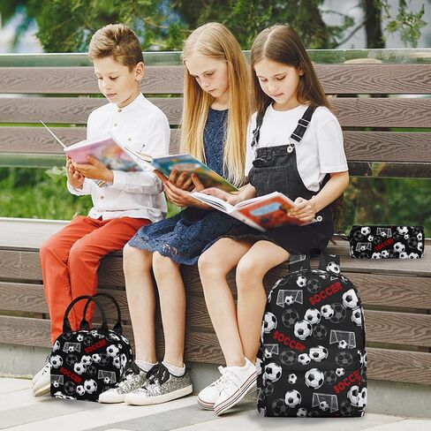 3PCS Backpack for Boys Girls Kids Soccer School Backpack Sets with Lunch Bag Pencil Case, 17 Inch Lightweight Bookpack 3 in 1 Set for Teens Elementary Middle HighSchool Students (Black Soccer) in Saudi Arabia