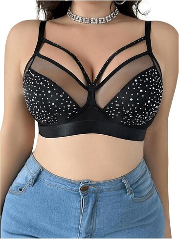 OYOANGLE Women's Plus Size Rhinestone Contrast Mesh Bras Wireless Cut Out Everyday Bralettes in Saudi Arabia