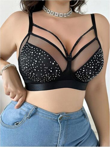 OYOANGLE Women's Plus Size Rhinestone Contrast Mesh Bras Wireless Cut Out Everyday Bralettes in Saudi Arabia