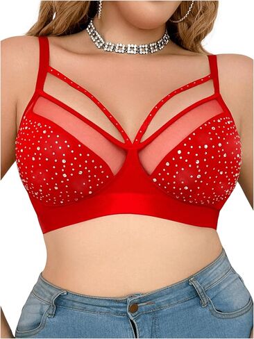 OYOANGLE Women's Plus Size Rhinestone Contrast Mesh Bras Wireless Cut Out Everyday Bralettes in Saudi Arabia