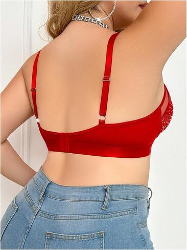 OYOANGLE Women's Plus Size Rhinestone Contrast Mesh Bras Wireless Cut Out Everyday Bralettes in Saudi Arabia