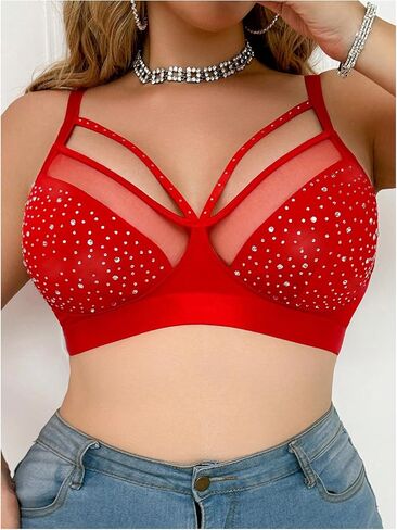 OYOANGLE Women's Plus Size Rhinestone Contrast Mesh Bras Wireless Cut Out Everyday Bralettes in Saudi Arabia
