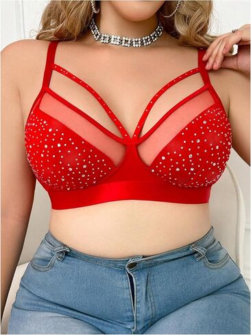 OYOANGLE Women's Plus Size Rhinestone Contrast Mesh Bras Wireless Cut Out Everyday Bralettes in Saudi Arabia