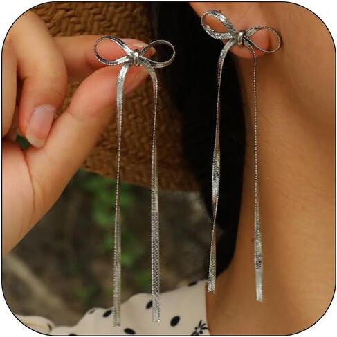 14K Gold Bow Dangle Statement Earrings Dainty Long Silver Bow Knot Ribbon Tassel Stud Earrings Cute Formal Bowknot Fringe Earrings for Women in Saudi Arabia