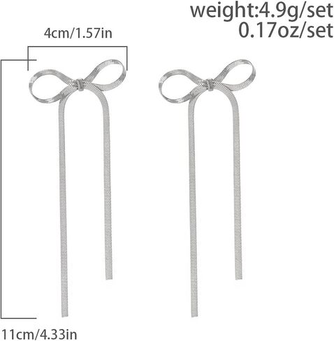 14K Gold Bow Dangle Statement Earrings Dainty Long Silver Bow Knot Ribbon Tassel Stud Earrings Cute Formal Bowknot Fringe Earrings for Women in Saudi Arabia