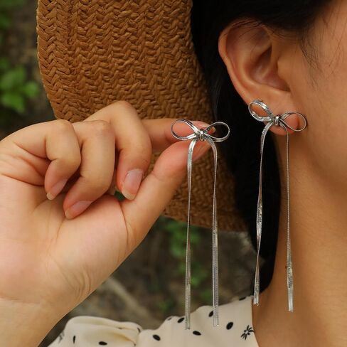 14K Gold Bow Dangle Statement Earrings Dainty Long Silver Bow Knot Ribbon Tassel Stud Earrings Cute Formal Bowknot Fringe Earrings for Women in Saudi Arabia