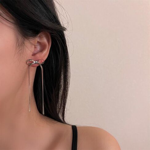 14K Gold Bow Dangle Statement Earrings Dainty Long Silver Bow Knot Ribbon Tassel Stud Earrings Cute Formal Bowknot Fringe Earrings for Women in Saudi Arabia