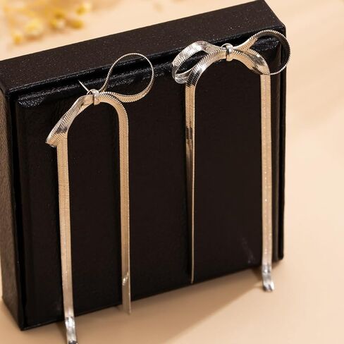 14K Gold Bow Dangle Statement Earrings Dainty Long Silver Bow Knot Ribbon Tassel Stud Earrings Cute Formal Bowknot Fringe Earrings for Women in Saudi Arabia