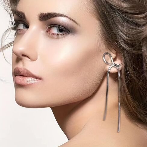 14K Gold Bow Dangle Statement Earrings Dainty Long Silver Bow Knot Ribbon Tassel Stud Earrings Cute Formal Bowknot Fringe Earrings for Women in Saudi Arabia