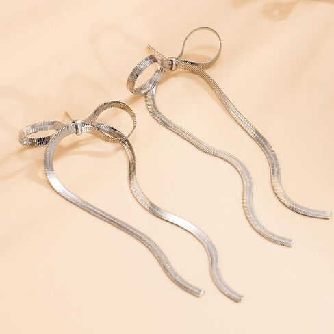 14K Gold Bow Dangle Statement Earrings Dainty Long Silver Bow Knot Ribbon Tassel Stud Earrings Cute Formal Bowknot Fringe Earrings for Women in Saudi Arabia