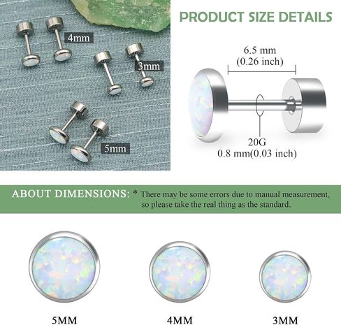 ZDE Titanium Flatback Earrings for Women Opal Fire and Snow Stud Earrings Flat Back Women Earrings Hypoallergenic Cartilage Flatback Earring Tragus Helix Tragus Conch Piercing 3mm-5mm in Saudi Arabia