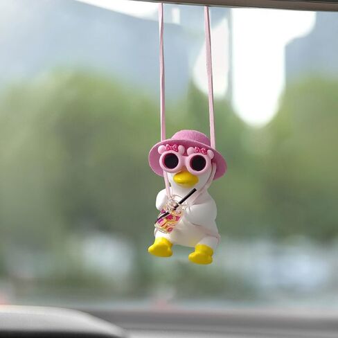 Cute Swinging Duck Car Hanging Ornament, Car Rear View Mirror Charm. Car Mirror Hanging Accessories, Car Pendant Auto Interior Aesthetic Present for Women Men Kids (Pink Hat) in Kuwait