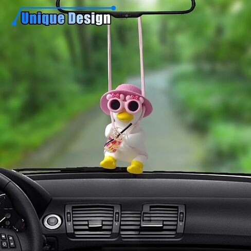 Cute Swinging Duck Car Hanging Ornament, Car Rear View Mirror Charm. Car Mirror Hanging Accessories, Car Pendant Auto Interior Aesthetic Present for Women Men Kids (Pink Hat) in Kuwait