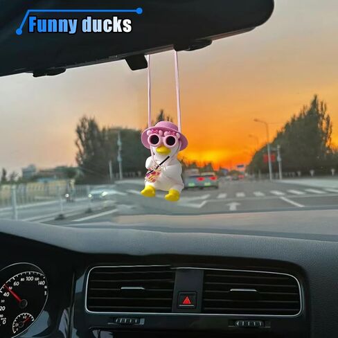 Cute Swinging Duck Car Hanging Ornament, Car Rear View Mirror Charm. Car Mirror Hanging Accessories, Car Pendant Auto Interior Aesthetic Present for Women Men Kids (Pink Hat) in Kuwait