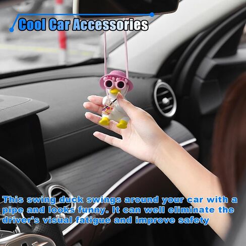 Cute Swinging Duck Car Hanging Ornament, Car Rear View Mirror Charm. Car Mirror Hanging Accessories, Car Pendant Auto Interior Aesthetic Present for Women Men Kids (Pink Hat) in Kuwait