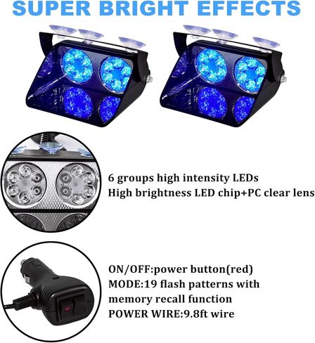 5.3" Red 24Leds Visor Lights Dash Lights Emergency Warning Strobe Lights 19 Modes with Suction Cups for Vehicles Truck Interior Roof/Dash/Windshield in Saudi Arabia