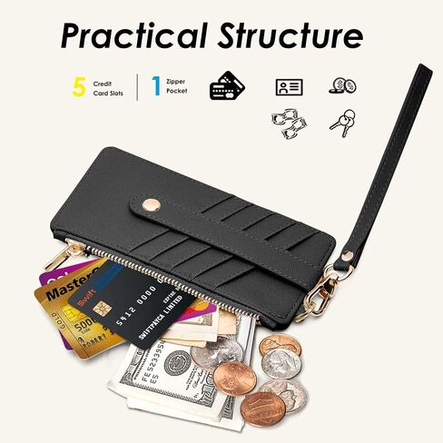 محافظ M-Plateau النسائية، محفظة بطاقة الائتمان مع حزام معصم، محفظة رفيعة تحجب RFID للنساء مع جيب بسحاب (أسود) in Kuwait