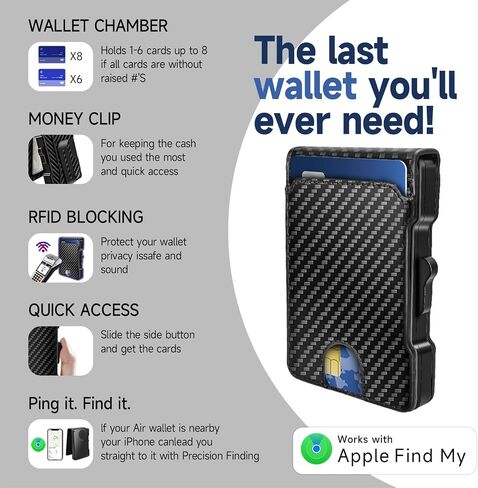 Air Wallet Minimalist Wallet with Built-in Airtag Chip, RFID Blocking Credit Card Clip, Bi-Fold Minimalist Wallet, Compatible with Apple Find My IOS Only, Trackable Wallet (Carbon Fiber Pattern) in Saudi Arabia
