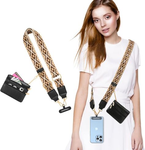 MoKo Universal Phone Lanyard, Clip and Go Strap Crossbody with Detachable Zipper Wallet Pouch, Adjustable Phone Lanyard Crossbody Around The Neck with Patches for iPhone, Samsung, Black in Saudi Arabia