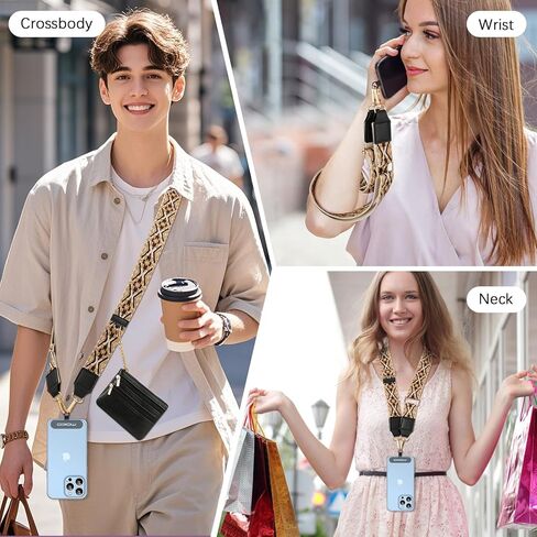 MoKo Universal Phone Lanyard, Clip and Go Strap Crossbody with Detachable Zipper Wallet Pouch, Adjustable Phone Lanyard Crossbody Around The Neck with Patches for iPhone, Samsung, Black in Saudi Arabia
