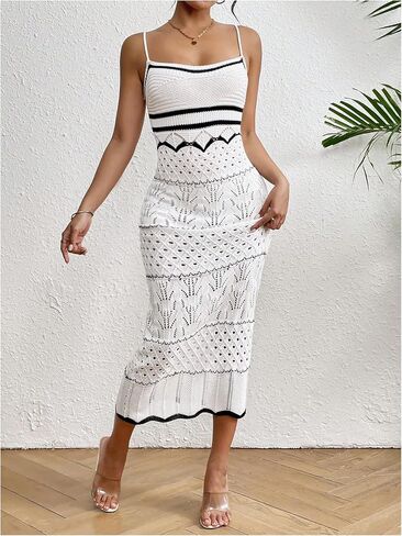 GORGLITTER Women's Crochet Backless Bodycon Maxi Dress Sleeveless Lightweight Knit Cami Long Dresses in Saudi Arabia