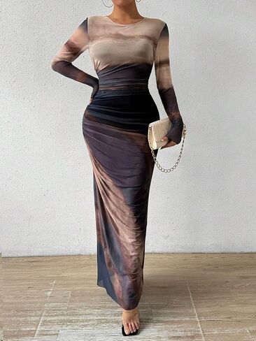 LIGHT DOT Women's Printed Bodycon Maxi Dress Long Sleeve Tie Dye Mesh Ruched Cocktail Dress in Saudi Arabia