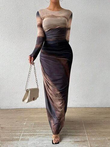 LIGHT DOT Women's Printed Bodycon Maxi Dress Long Sleeve Tie Dye Mesh Ruched Cocktail Dress in Saudi Arabia