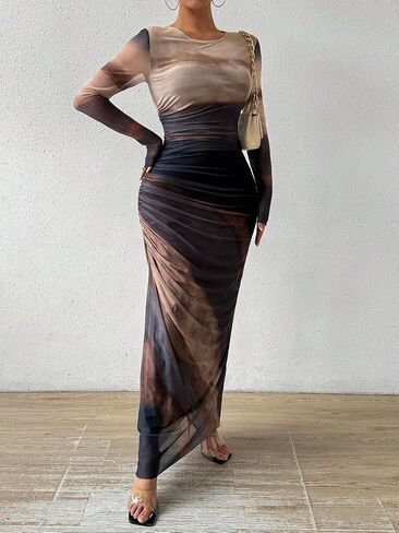 LIGHT DOT Women's Printed Bodycon Maxi Dress Long Sleeve Tie Dye Mesh Ruched Cocktail Dress in Saudi Arabia