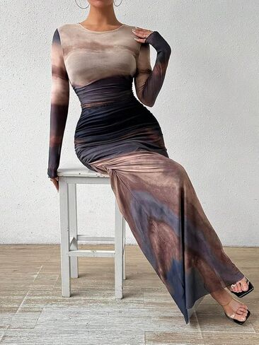LIGHT DOT Women's Printed Bodycon Maxi Dress Long Sleeve Tie Dye Mesh Ruched Cocktail Dress in Saudi Arabia