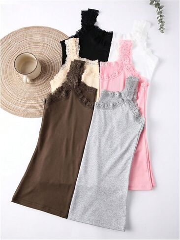 SOLY HUX Women's Summer Lace Trim Sleeveless Top 6 Pieces Basic Layer Casual Tank Tops in Saudi Arabia