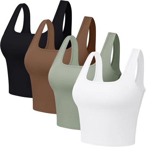 4 Pieces Women's Square Neck Crop Tops Cotton Sleeveless Workout Shirts Cute Sports Yoga Cropped Tank Top for Women in Kuwait