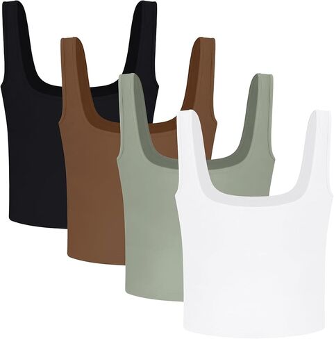 4 Pieces Women's Square Neck Crop Tops Cotton Sleeveless Workout Shirts Cute Sports Yoga Cropped Tank Top for Women in Kuwait