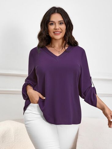 بلوزات SCOMCHIC النسائية بمقاسات كبيرة 3/4 بأكمام مكبلة، قطع علوية أنيقة برقبة على شكل V، بلوزة فضفاضة غير رسمية وقمصان ذات ثنيات in Kuwait