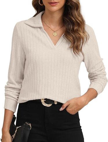 YSYOKOW Womens Long Sleeve Tops Trendy V Neck T Shirts Business Casual Blouses Dressy Collared Tunic in Saudi Arabia