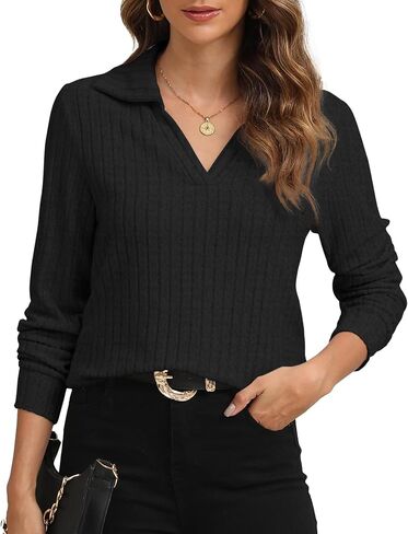 YSYOKOW Womens Long Sleeve Tops Trendy V Neck T Shirts Business Casual Blouses Dressy Collared Tunic in Saudi Arabia