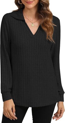YSYOKOW Womens Long Sleeve Tops Trendy V Neck T Shirts Business Casual Blouses Dressy Collared Tunic in Saudi Arabia