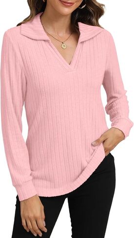 YSYOKOW Womens Long Sleeve Tops Trendy V Neck T Shirts Business Casual Blouses Dressy Collared Tunic in Saudi Arabia