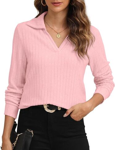 YSYOKOW Womens Long Sleeve Tops Trendy V Neck T Shirts Business Casual Blouses Dressy Collared Tunic in Saudi Arabia