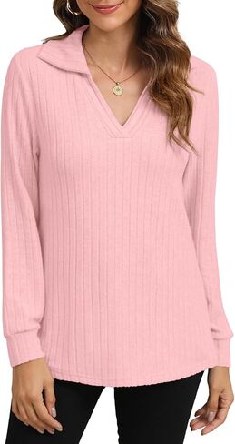 YSYOKOW Womens Long Sleeve Tops Trendy V Neck T Shirts Business Casual Blouses Dressy Collared Tunic in Saudi Arabia