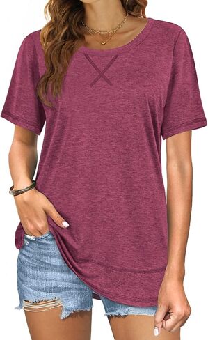 Beimuc Summer Tops for Women Short Sleeve Crewneck Tshirts Side Split Loose Fit Tunic Shirts in Kuwait