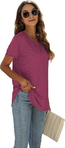Beimuc Summer Tops for Women Short Sleeve Crewneck Tshirts Side Split Loose Fit Tunic Shirts in Kuwait