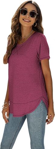 Beimuc Summer Tops for Women Short Sleeve Crewneck Tshirts Side Split Loose Fit Tunic Shirts in Kuwait