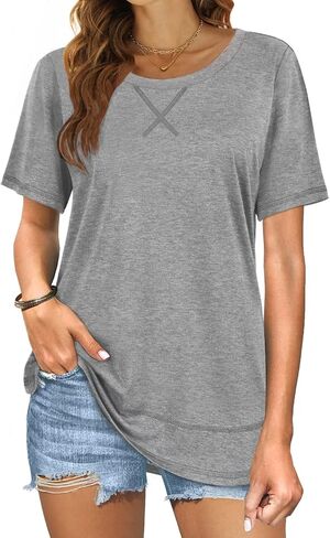 Beimuc Summer Tops for Women Short Sleeve Crewneck Tshirts Side Split Loose Fit Tunic Shirts in Kuwait