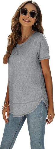 Beimuc Summer Tops for Women Short Sleeve Crewneck Tshirts Side Split Loose Fit Tunic Shirts in Kuwait