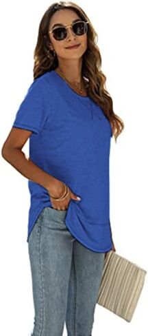 Beimuc Summer Tops for Women Short Sleeve Crewneck Tshirts Side Split Loose Fit Tunic Shirts in Kuwait